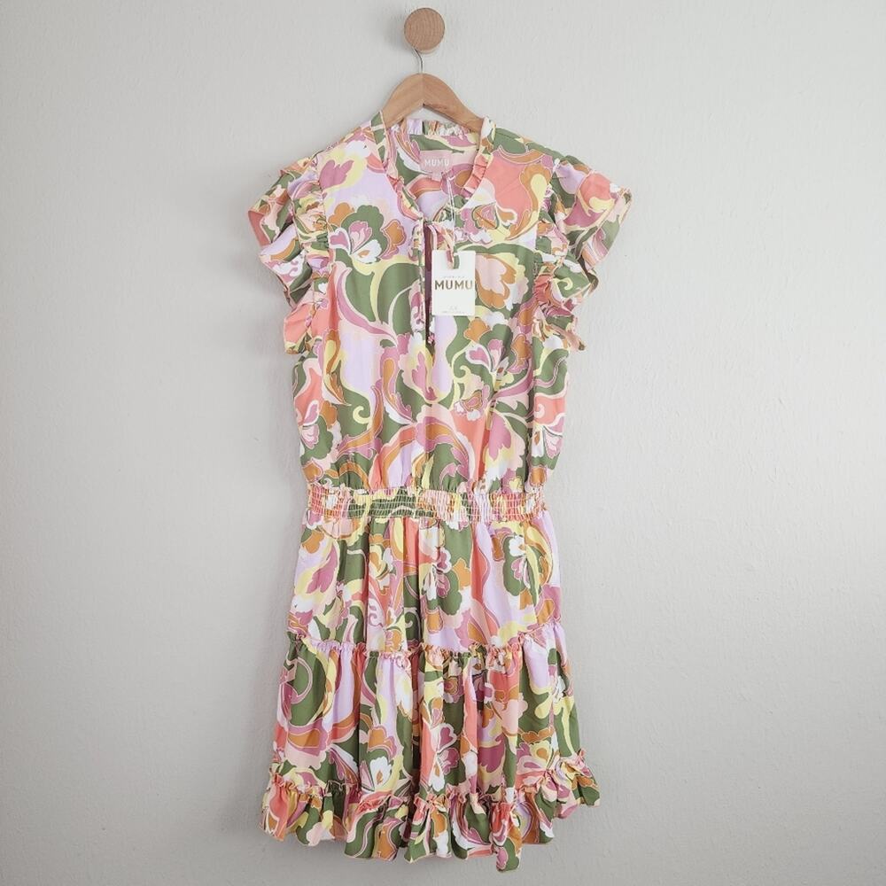 Show Me Your Mumu Retro Wild Dreams Ruffle Mini Dress NWT XXL Floral Pink Green